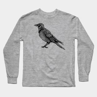 Raven Black And White Horror Gothic Ink Drawing Long Sleeve T-Shirt